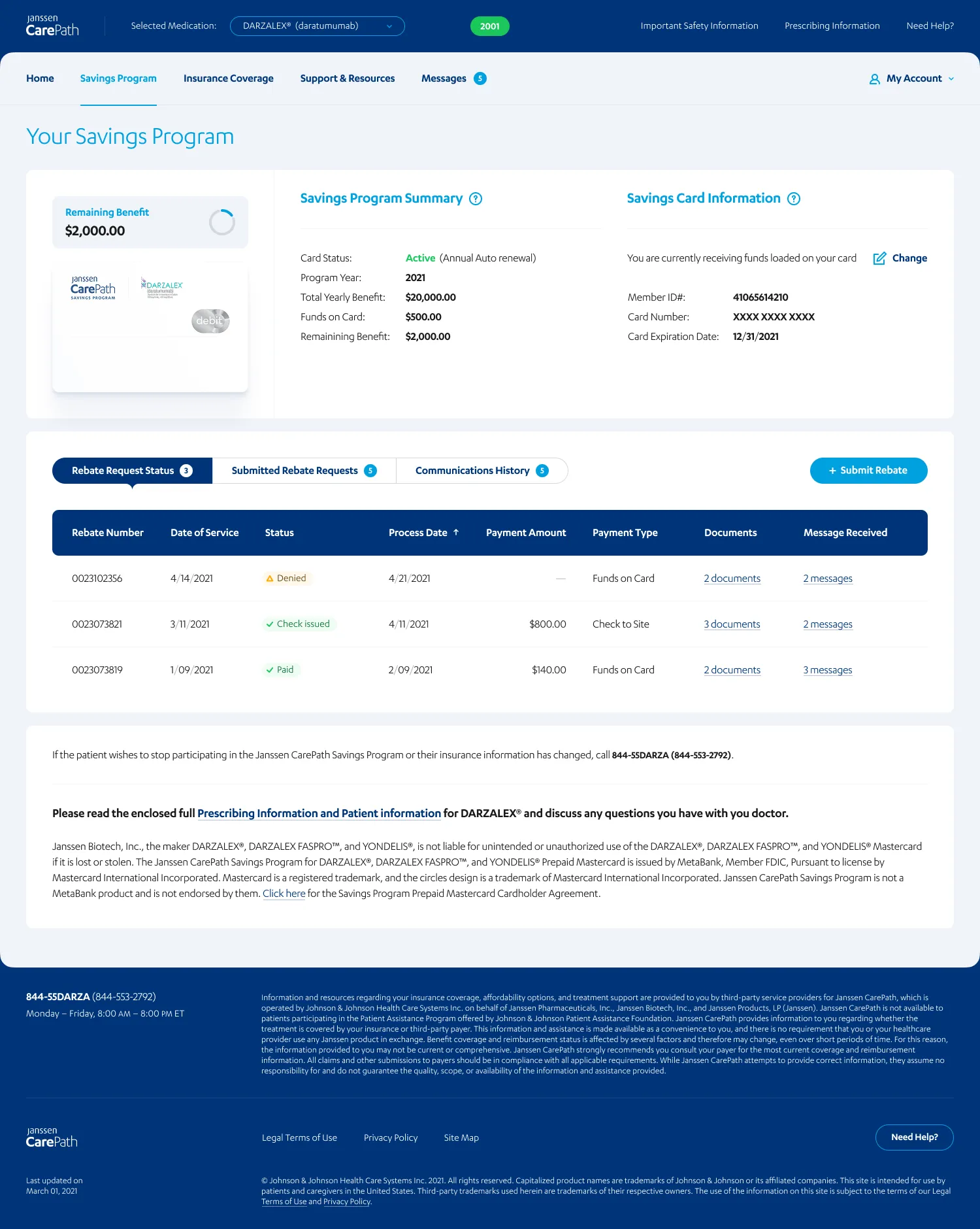 Claims management interface showing active and processed requests