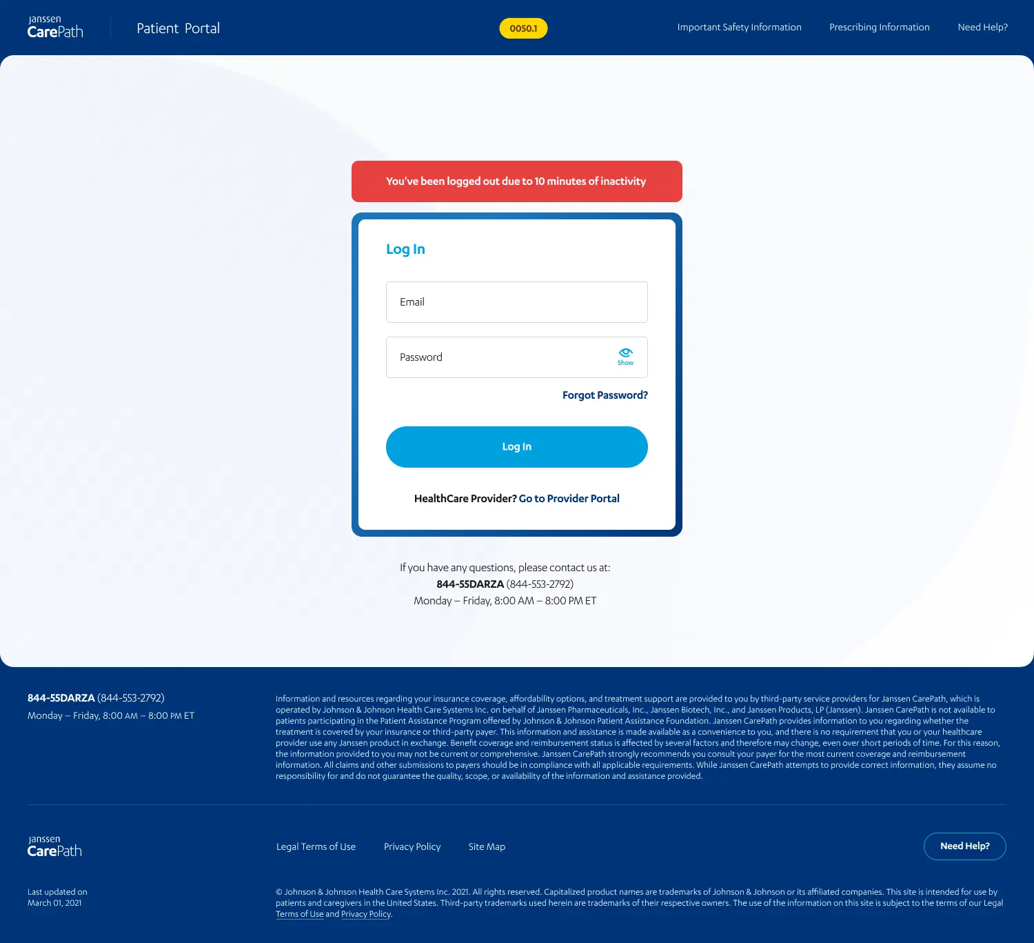 Janssen patient portal login screen with secure authentication