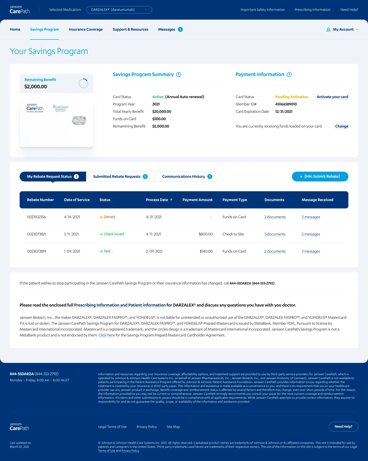 Copay assistance and rebate tracking interface