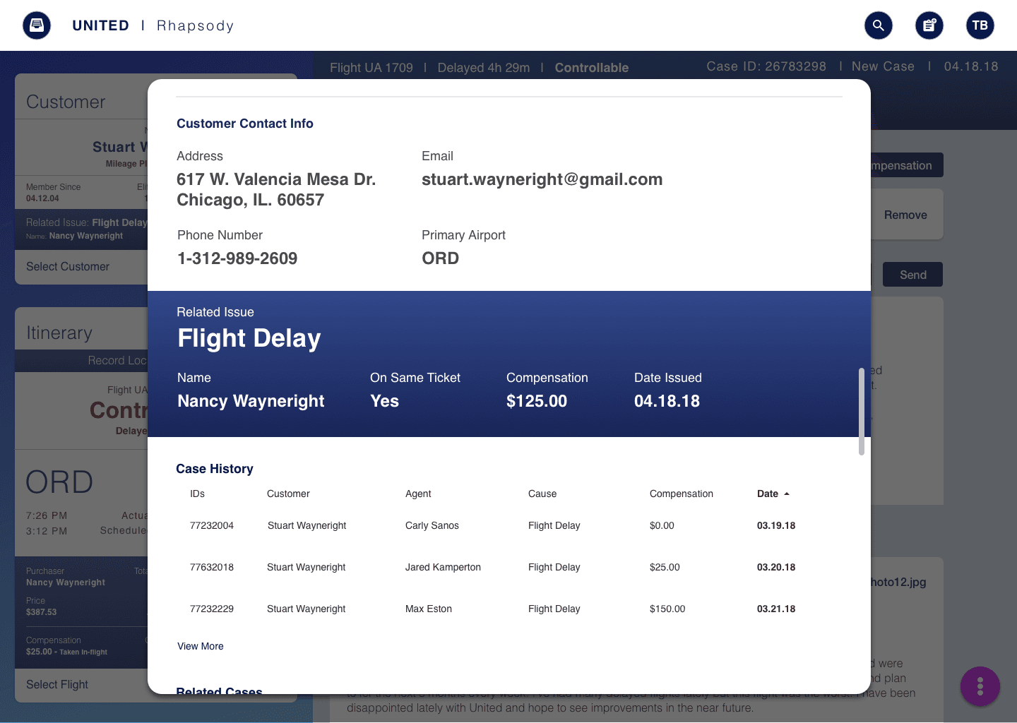 Detailed view of unified agent dashboard showing customer profile, flight information, loyalty status, and case management tools in a single consolidated interface