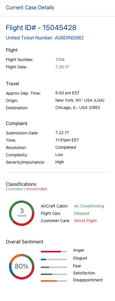 Completed case details view showing comprehensive customer information