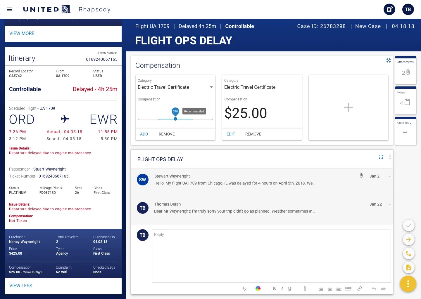 Compensation card expanded showing detailed customer compensation options