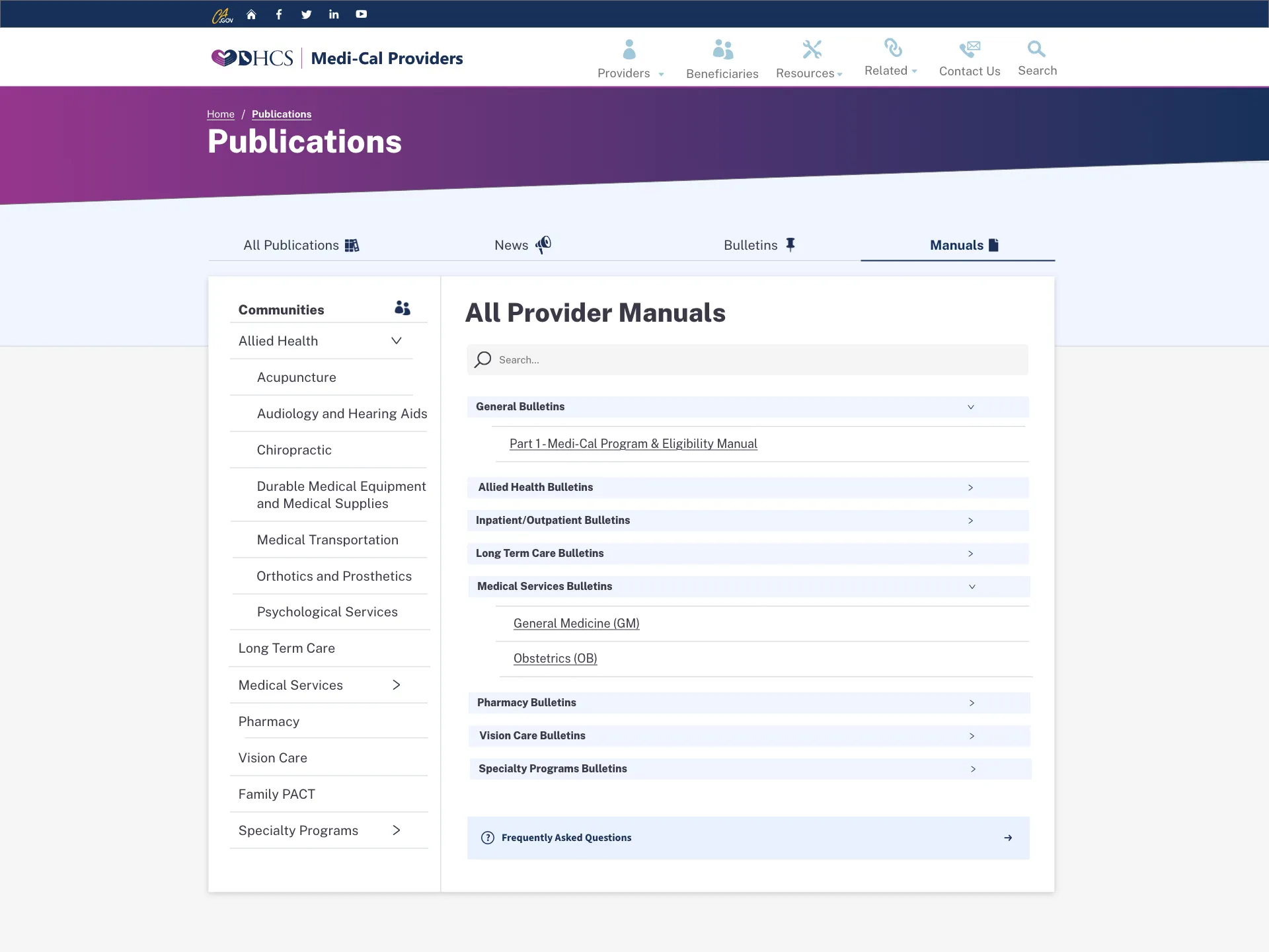 Medi-Cal Providers publication interface organized into scannable manual categories
