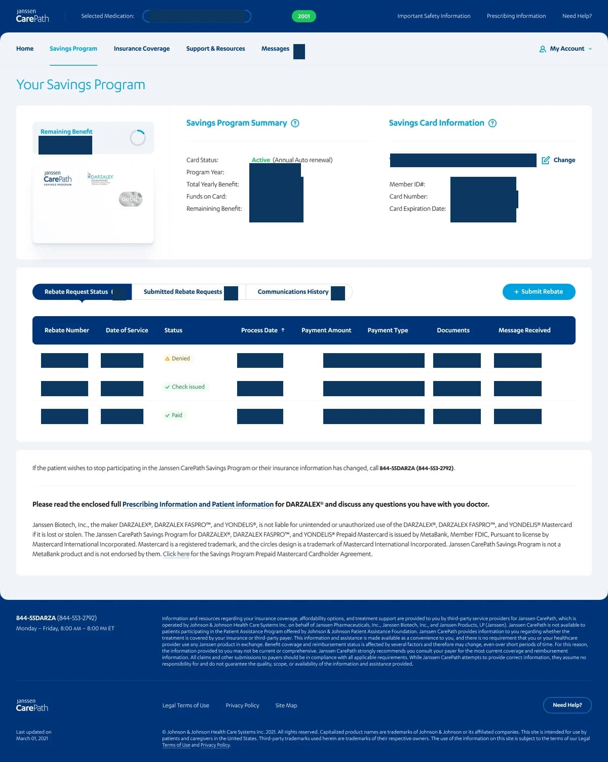 Janssen CarePath page with benefit and card summaries above a rebate-status table covered by dark privacy blocks