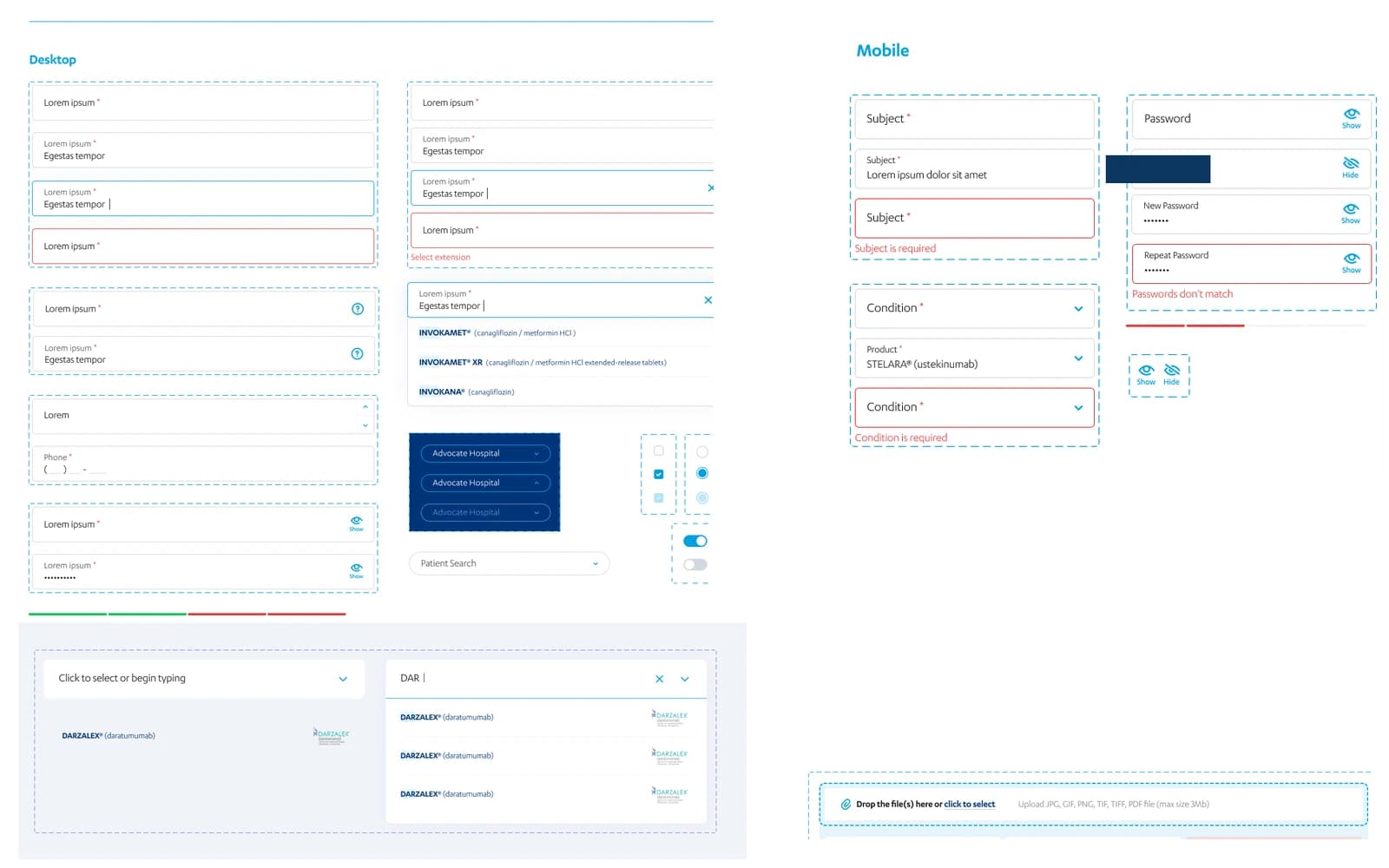 Design-system sheet of desktop and mobile text fields, menus, password controls, selectors, uploads, and error states