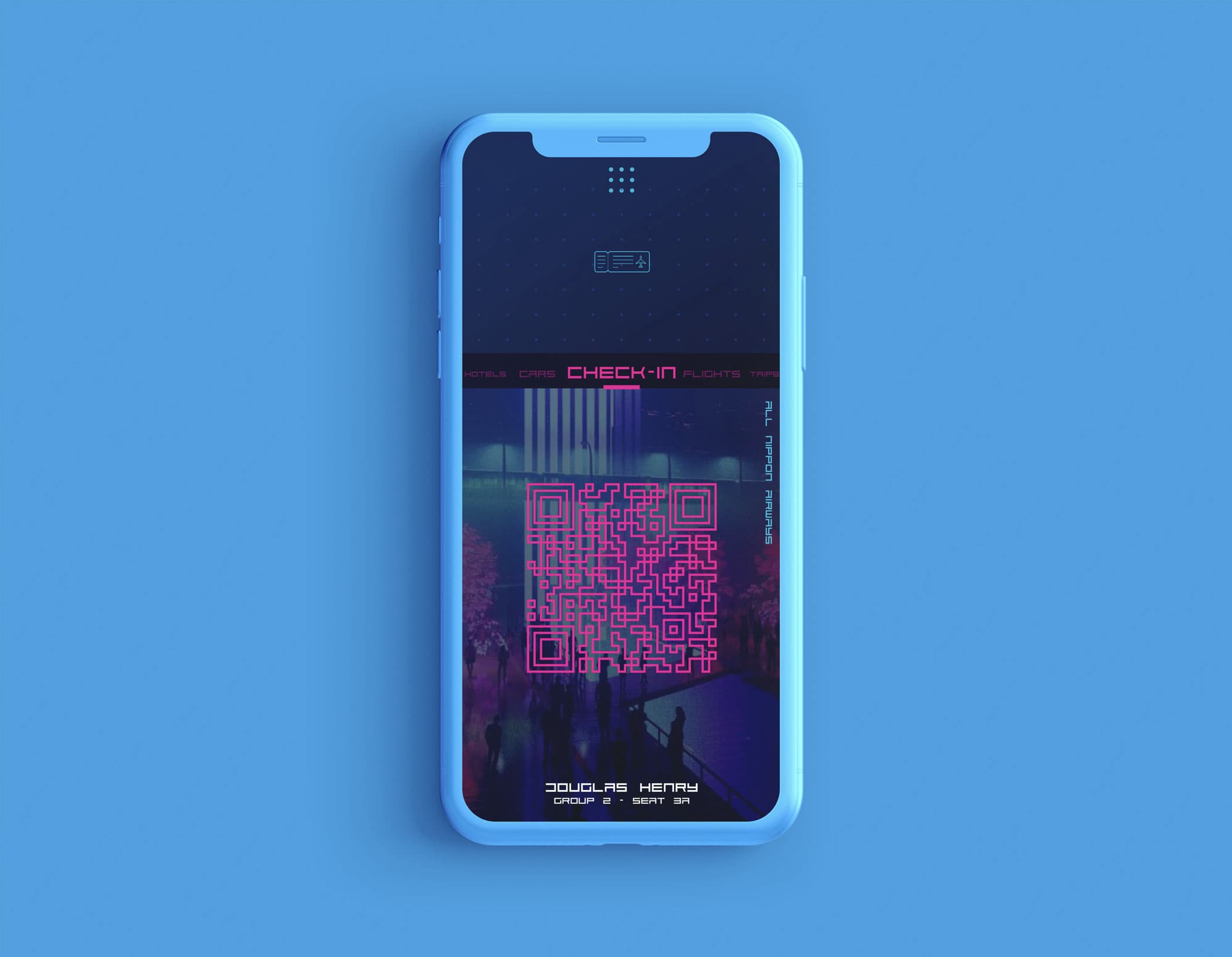 Blue phone mockup with a neon ANA check-in concept, stylized boarding pass, and travel-service navigation