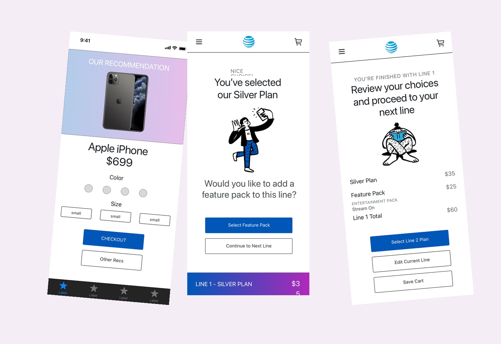Three original AT&T mobile designs showing a phone recommendation, an optional feature pack, and a line review