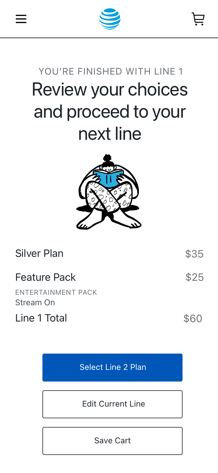Line review showing Silver plan and entertainment pack costs, the combined total, and next-line, edit, and save actions