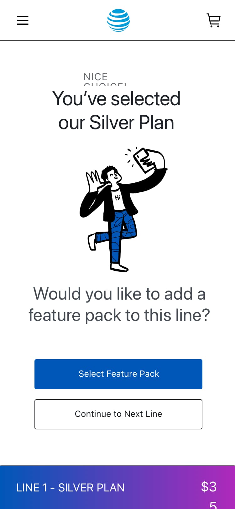 Silver plan confirmation asking whether to add a feature pack or continue to the next line
