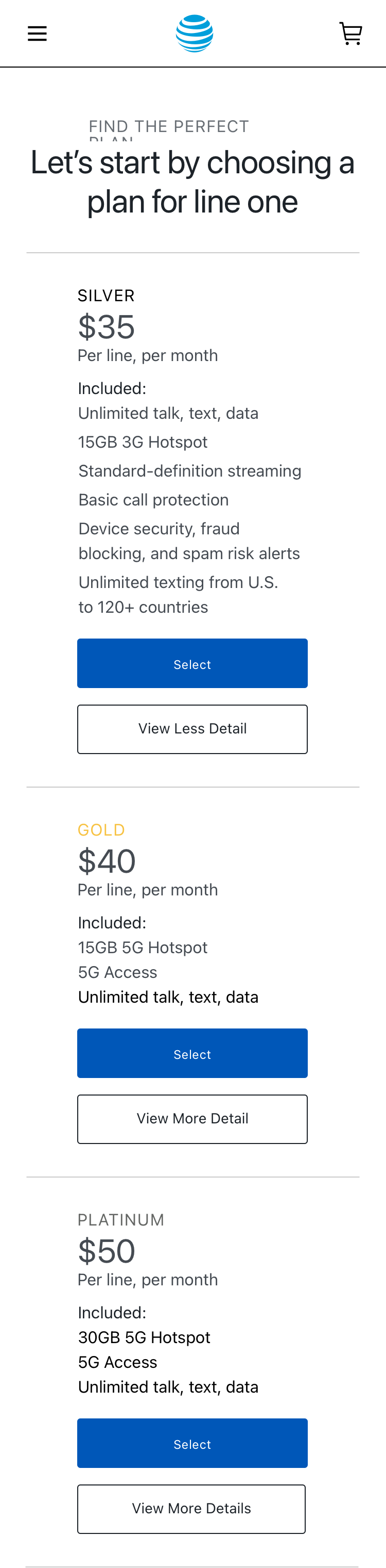 Expanded Silver plan with price, included services, Select, and View Less Detail, with Gold and Platinum below
