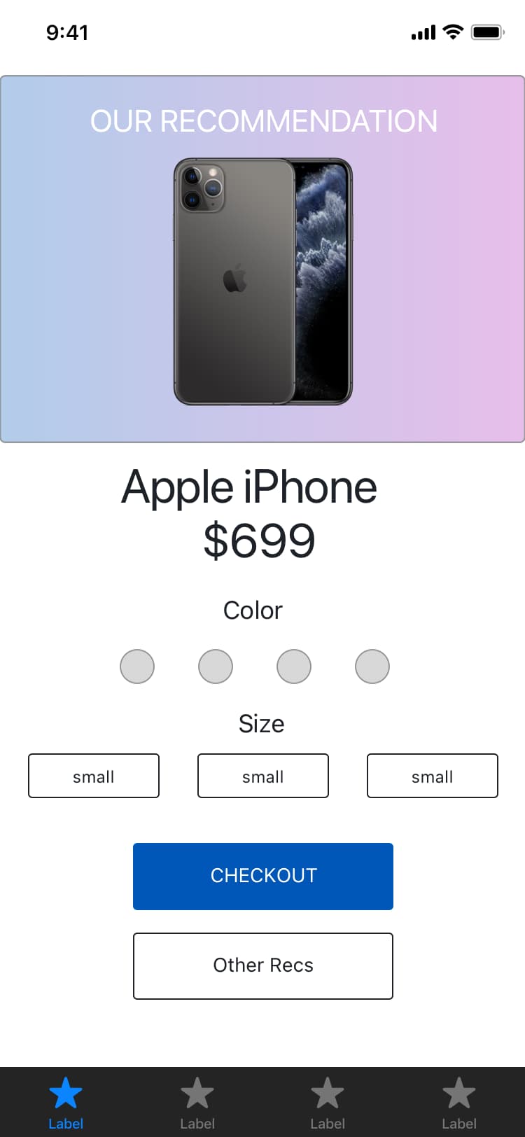 AT&T phone recommendation with a product, price, configuration choices, Checkout, and Other Recs