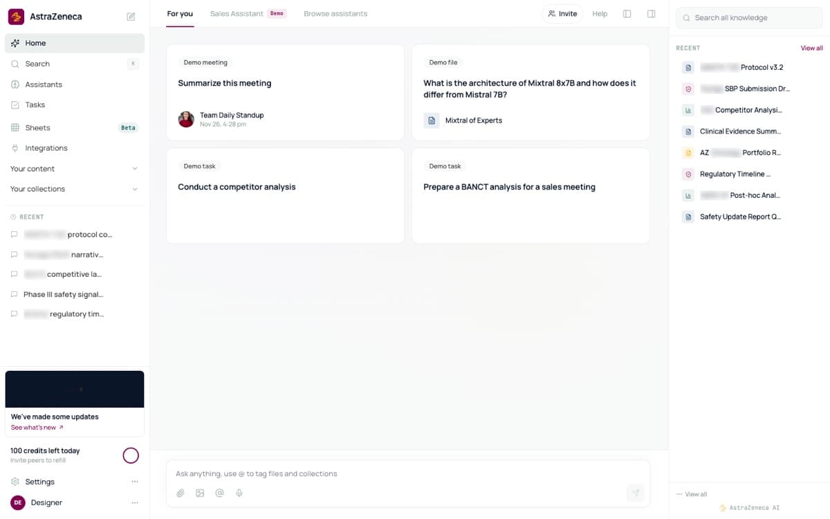 A workspace home screen with a left navigation rail, four starter cards for a meeting, a file, and two tasks, a knowledge panel of recent documents on the right, and an ask field along the bottom.