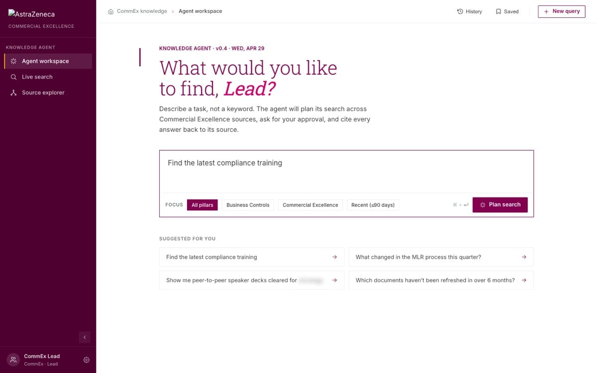 A knowledge agent workspace with a task-shaped query box, focus filters for source pillars, a plan search button, and four suggested starting queries.