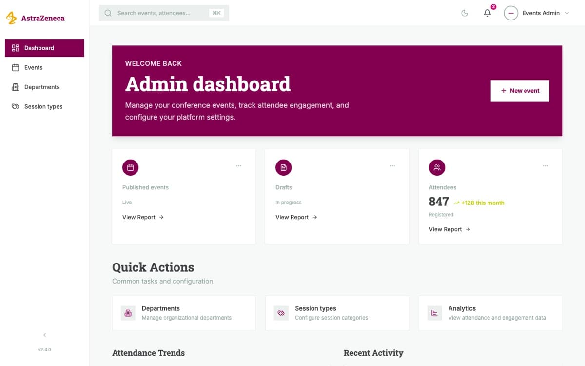 An event platform admin dashboard with counts for published events, drafts, and registered attendees, and quick actions for departments, session types, and analytics.