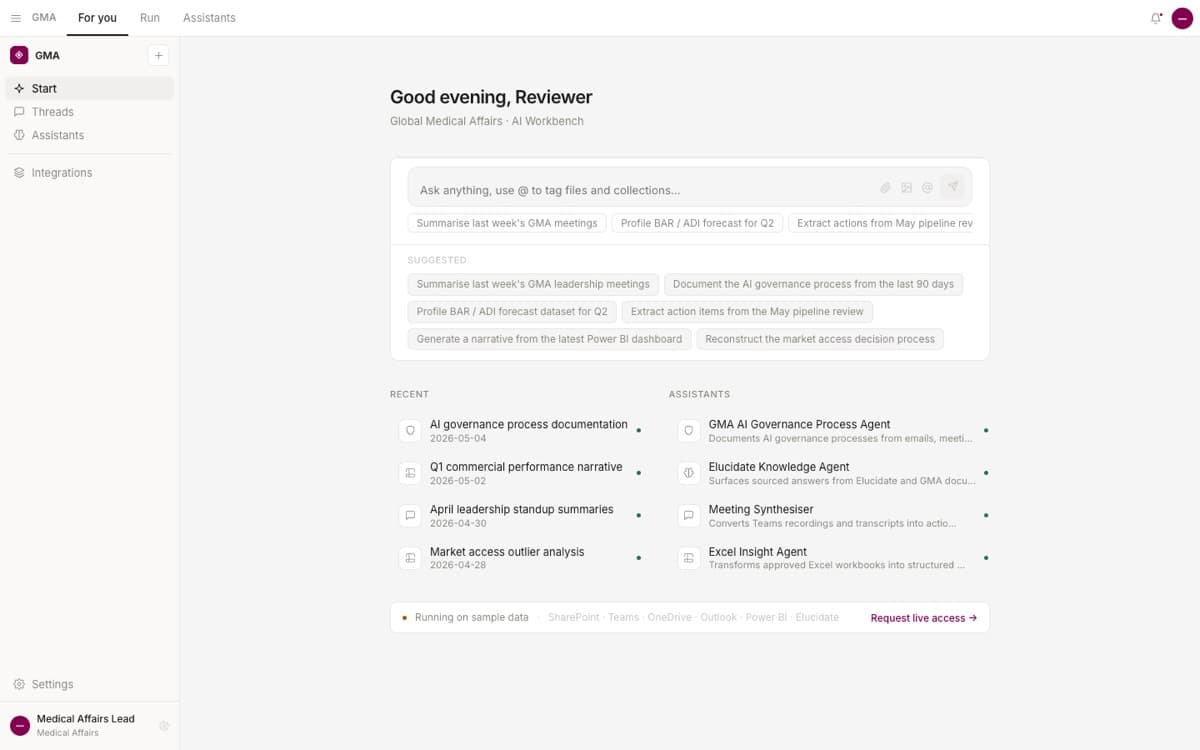 GMA Workbench prototype with a task input, suggested prompts, recent work, and a list of assistants.
