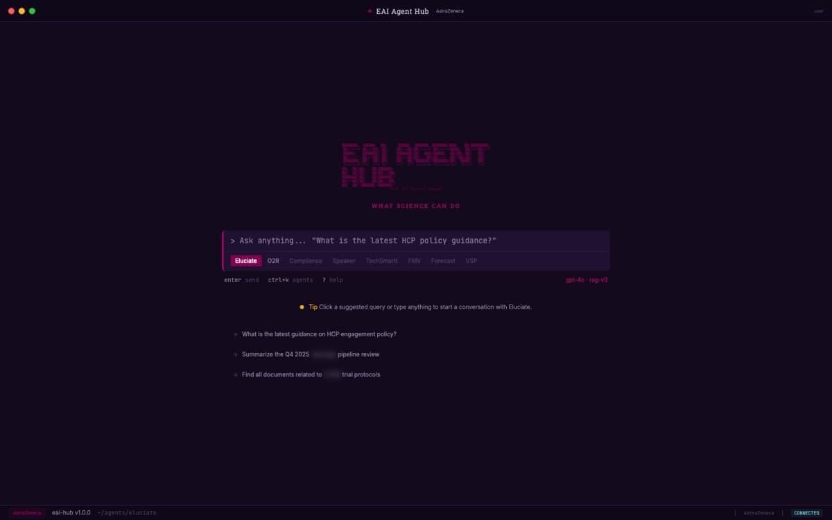 A dark, terminal-styled hub window with a single command bar, a row of eight named agent tabs, and keyboard hints for sending, switching agents, and opening help.