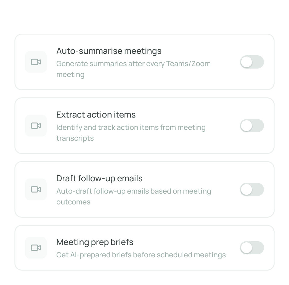 Four meeting-preference rows with separate switches for summaries, action items, follow-up email drafts, and meeting preparation briefs; all switches are off.
