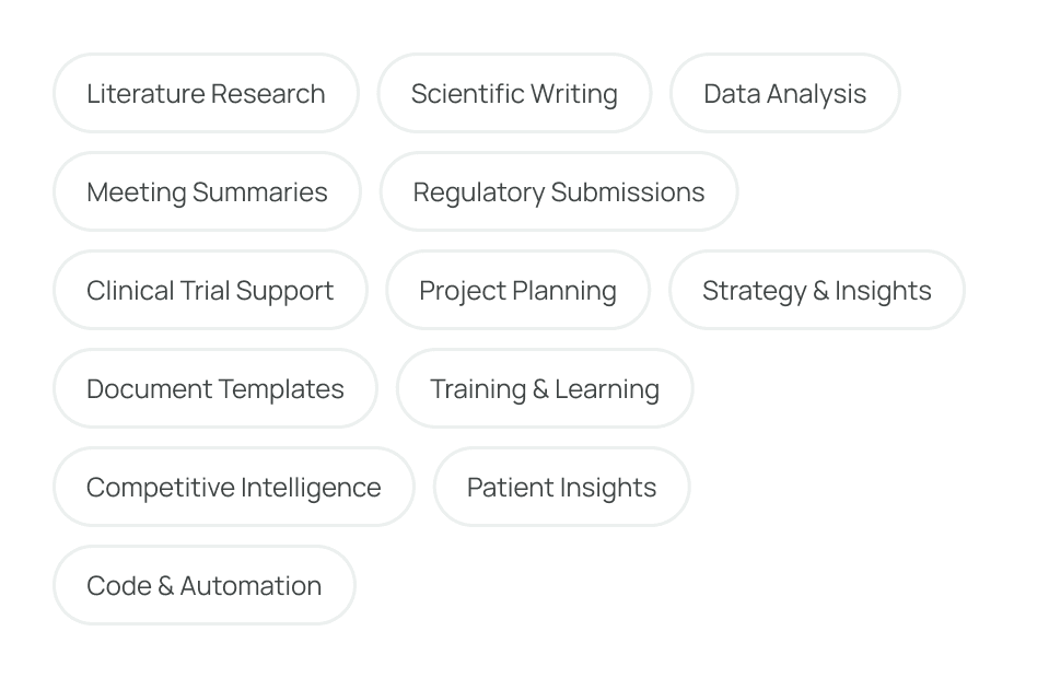 Task-selection chips for literature research, scientific writing, data analysis, meeting summaries, project planning, and other recurring workflows.