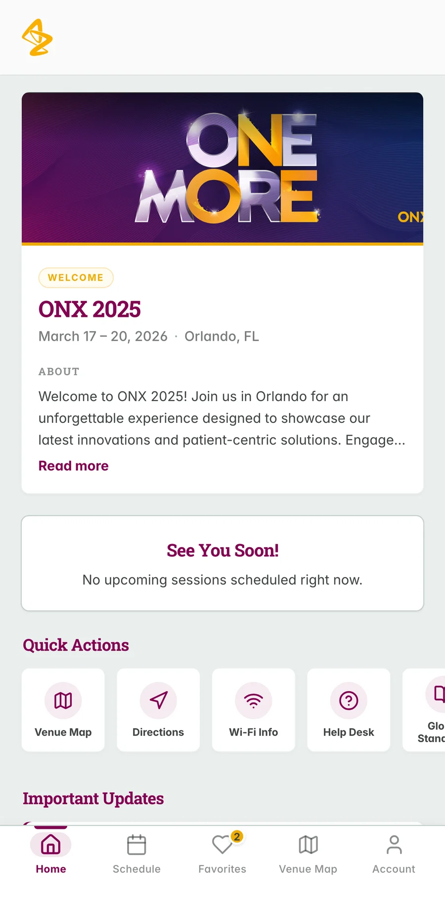 The mobile event home after onboarding, showing the event banner, dates and location, upcoming sessions, quick actions for venue map, directions, wifi and help desk, and a bottom navigation bar.
