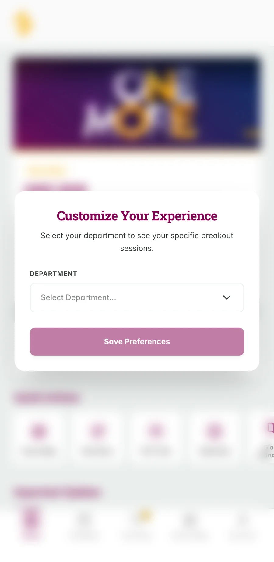 A mobile onboarding sheet titled Customize Your Experience, asking the attendee to select their department to see their specific breakout sessions.