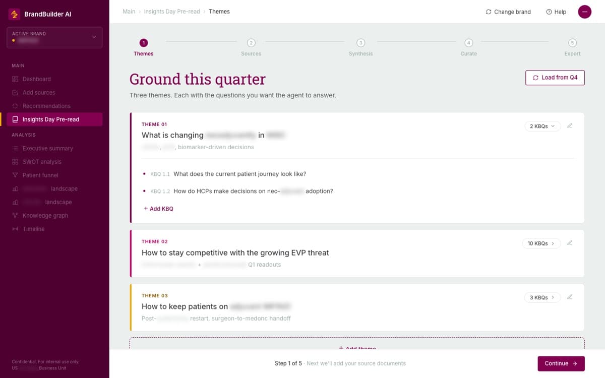 Step one of a five-step planning flow, listing three themes with the count of questions under each, and one theme expanded to show its two questions.