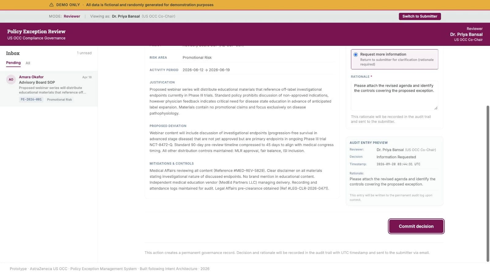 Request more information selected with a required rationale, an audit-entry preview, and the Commit decision button enabled after text is entered.