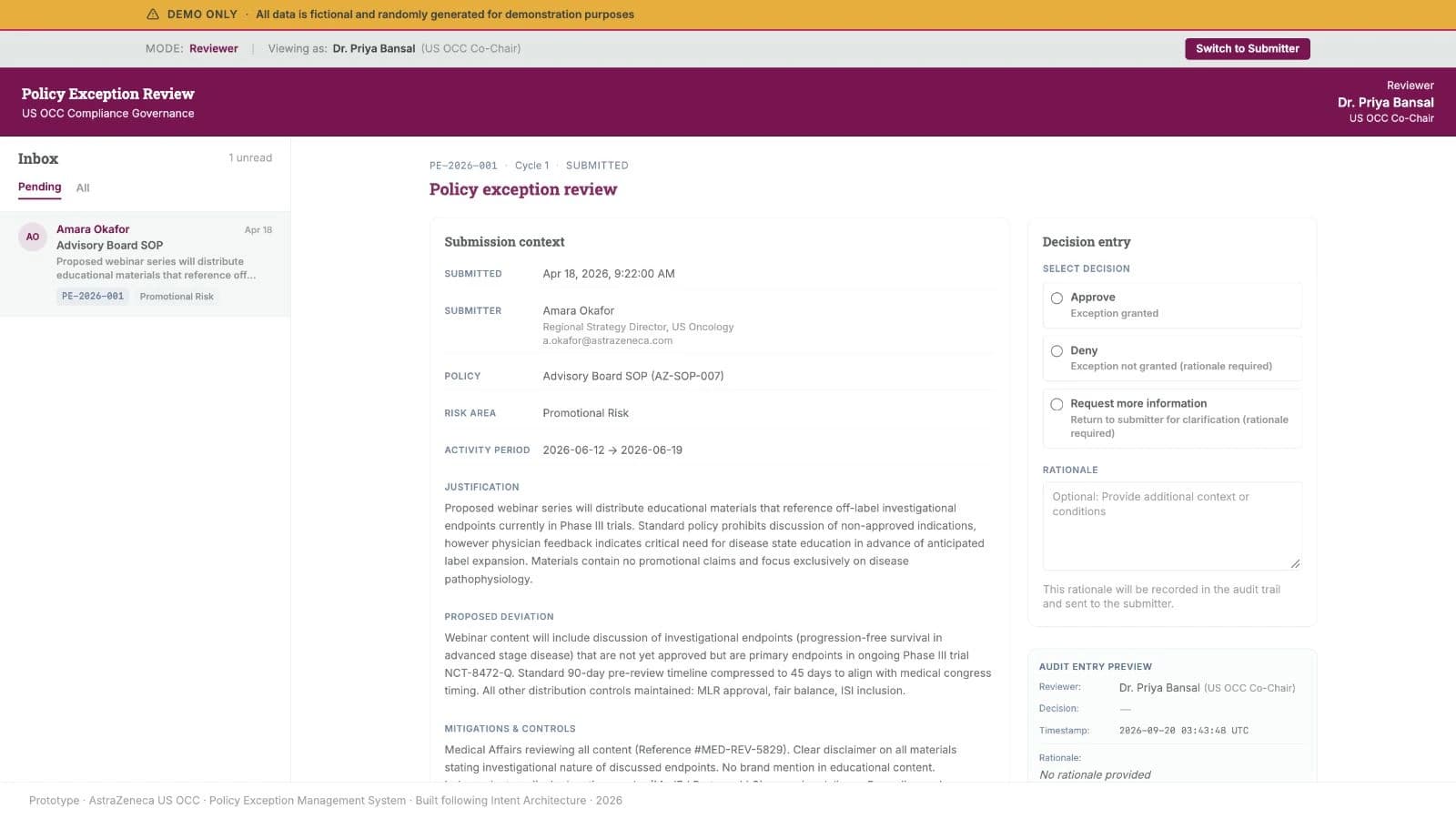 Figma policy-exception concept with an inbox on the left, submission context in the main column, and a smaller decision-entry column on the right. A demo-only banner identifies fictional data.
