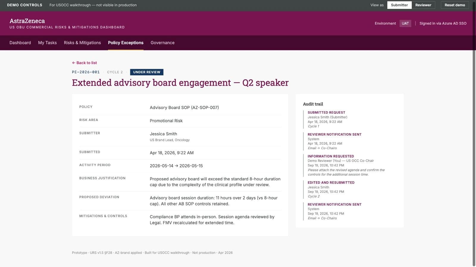 The same sample request is Under Review in Cycle 2. The audit trail retains the original submission, a request for information, and the resubmission event.