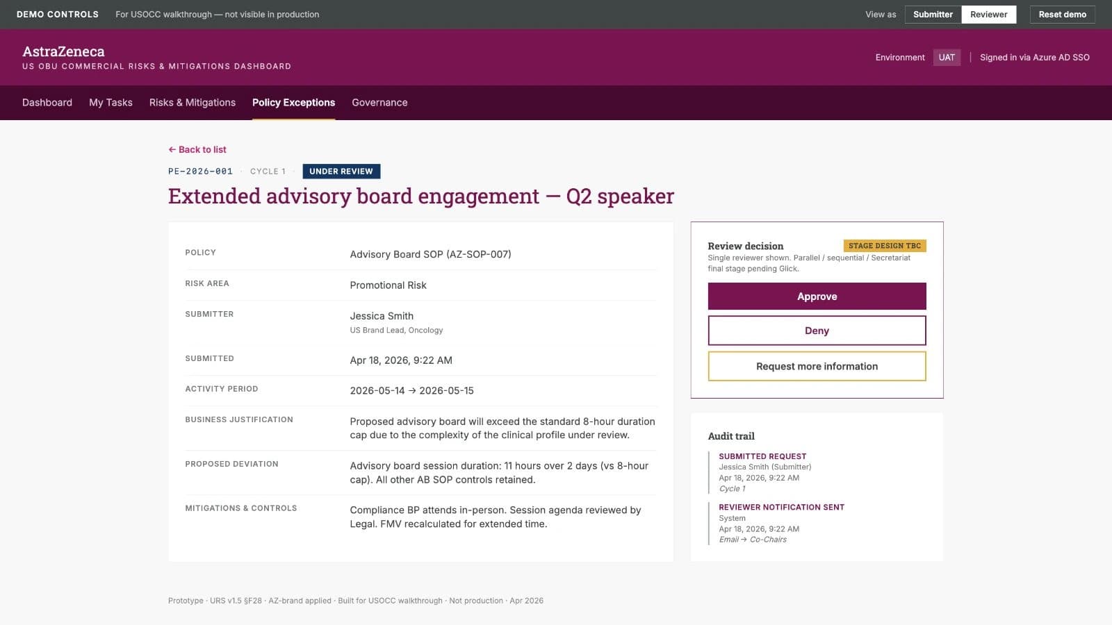 Supplied HTML policy-exception prototype shows a sample request, its justification and controls, review actions, and the existing audit trail.