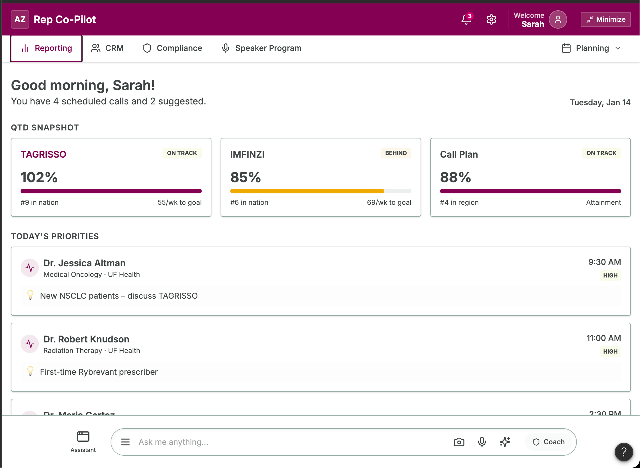 Rep Co-Pilot demonstration dashboard with reporting tabs, quarterly progress cards, a daily priority list, and a persistent question input with camera, voice, prompt and coaching controls.