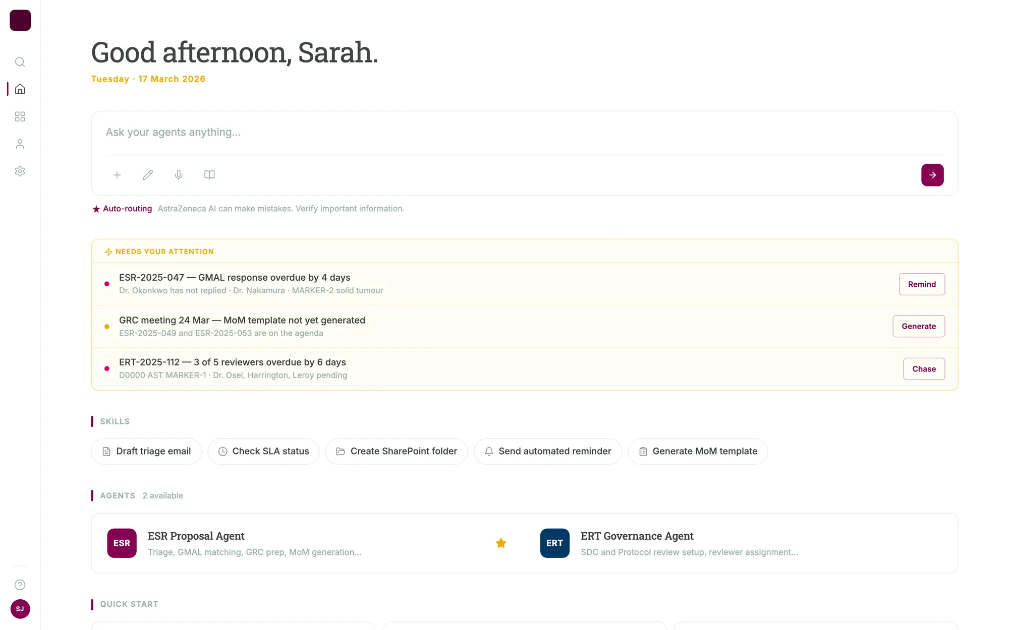A governance home screen listing overdue items, each with its own action button to remind, generate, or chase, above a row of named skills and the two available agents.