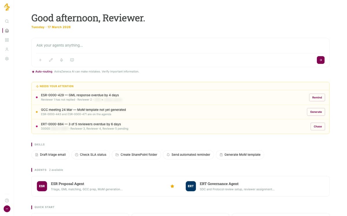 An agent home screen with an ask field marked auto-routing, an attention list of three overdue or unstarted review items each with its own action button, a row of named skills, and two available agents.