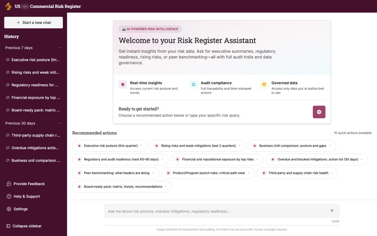 A risk register assistant with a chat history rail on the left, a welcome card stating how data access and audit traceability work, ten recommended action chips covering risk posture and mitigations, and an ask field with an oversight notice beneath it.