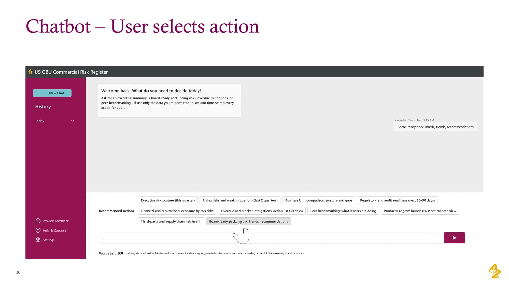 Original assistant proposal with suggested questions below a conversational workspace.