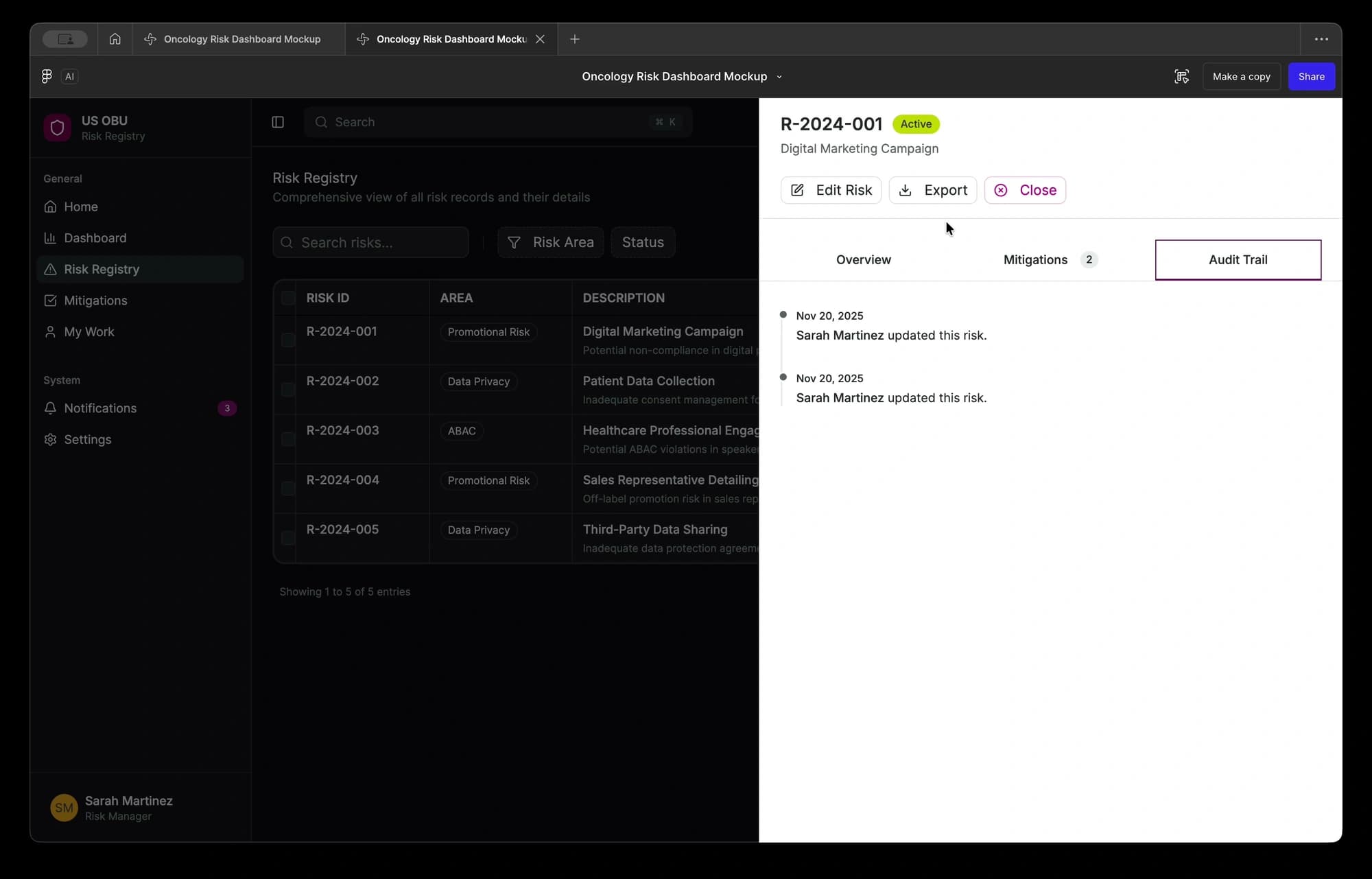 Original Figma prototype showing an Audit Trail with sample update events.