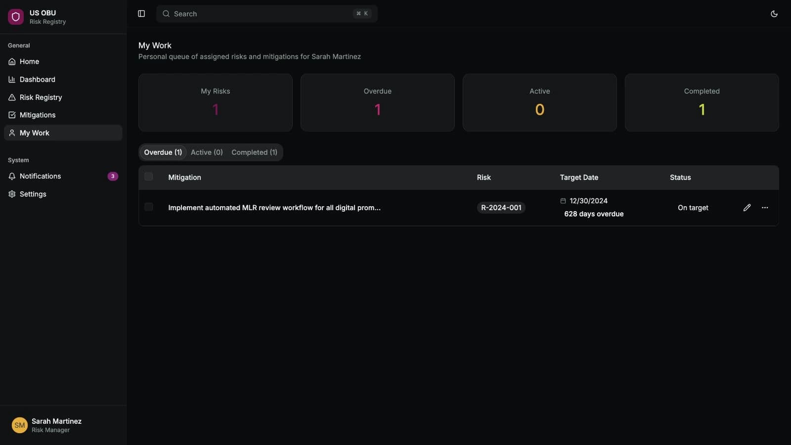 My Work prototype showing a personal queue of assigned risks and mitigations with status tabs and target dates.