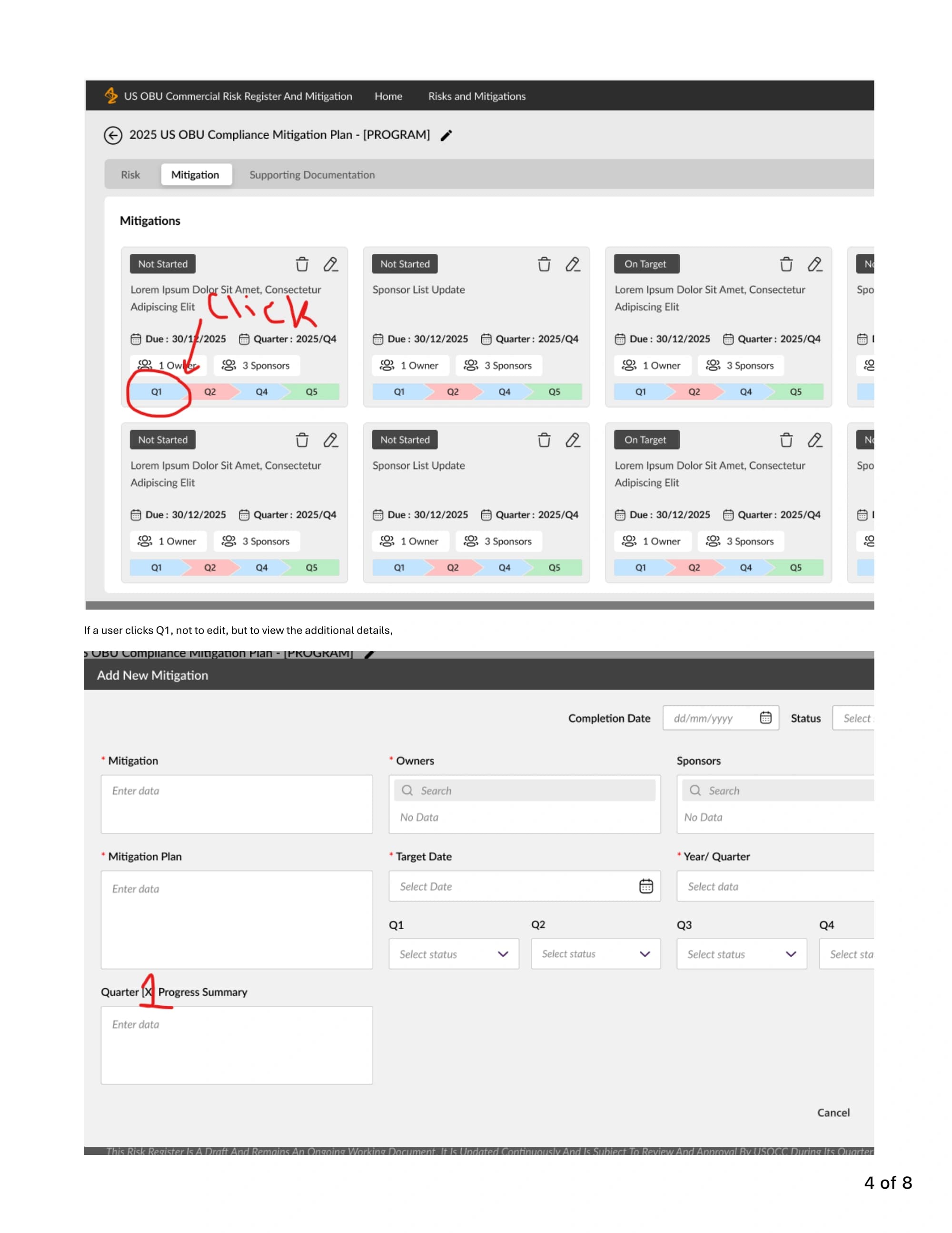 Business owner's red annotation circles Q1 on an ECS mitigation card and points to the quarterly progress summary.