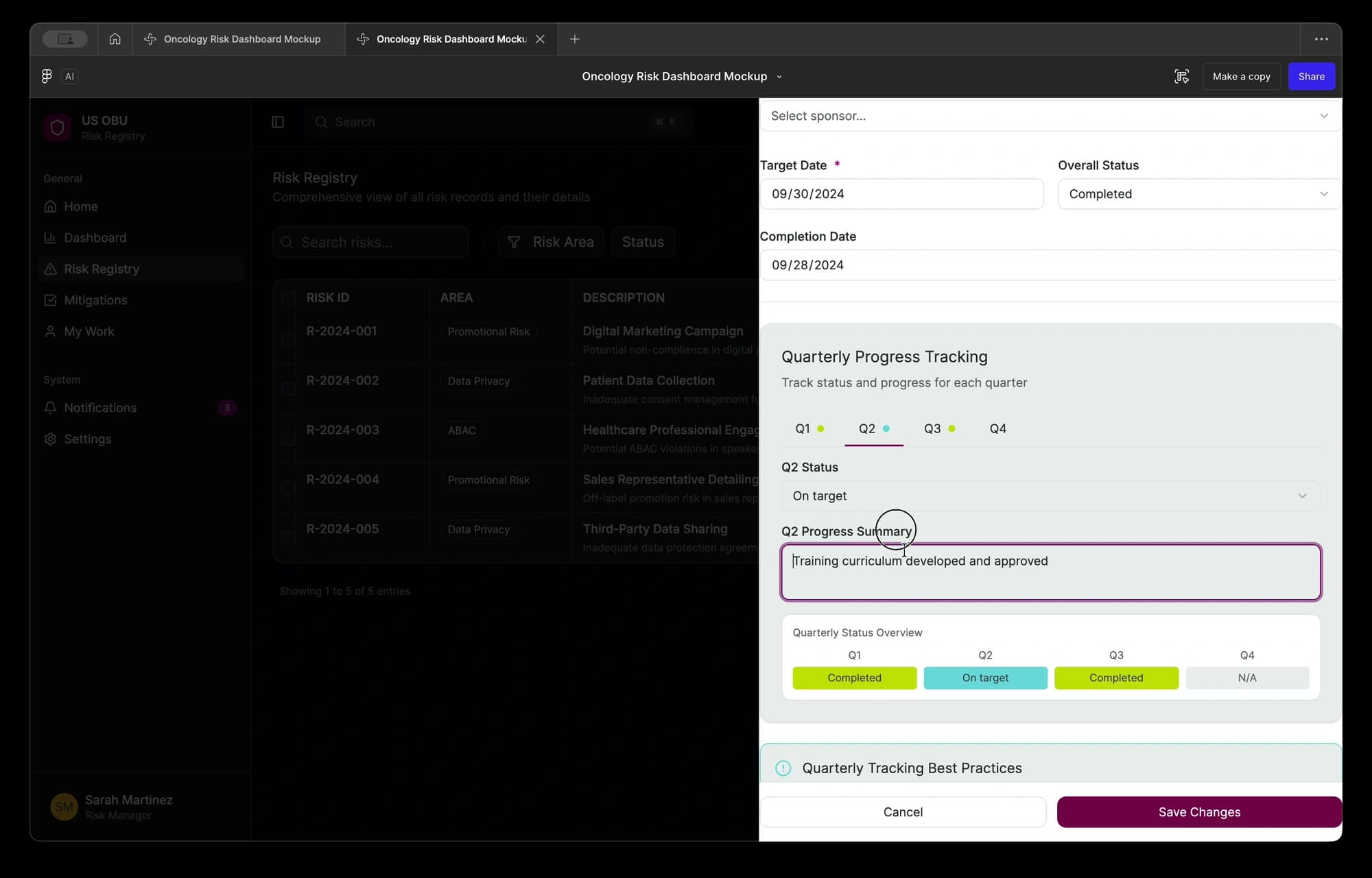 Original prototype recording frame showing Q2 status, a progress summary, and the four-quarter overview while editing a mitigation.