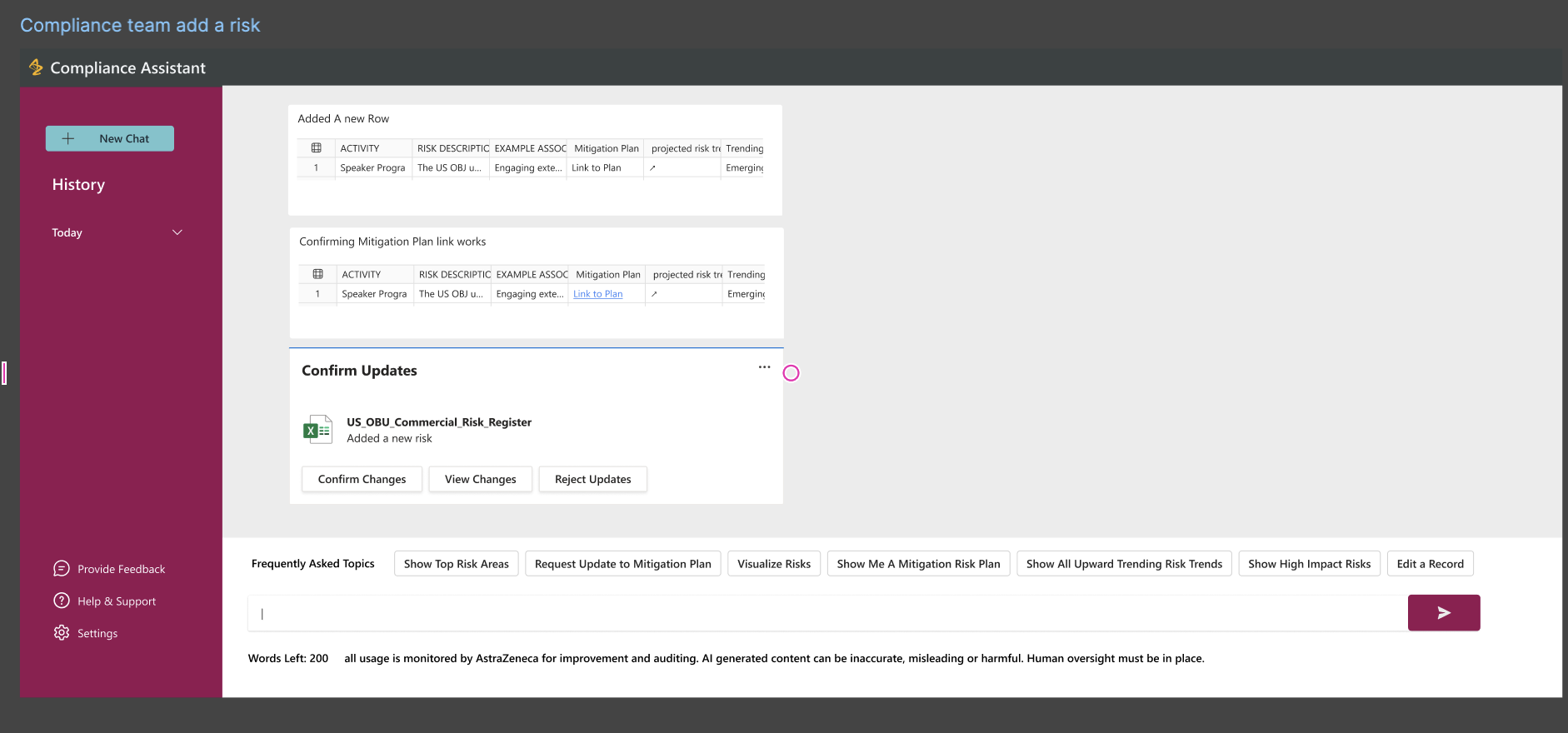 Original Compliance Assistant proposal showing a linked mitigation and a Confirm Updates card with Confirm Changes, View Changes and Reject Updates.