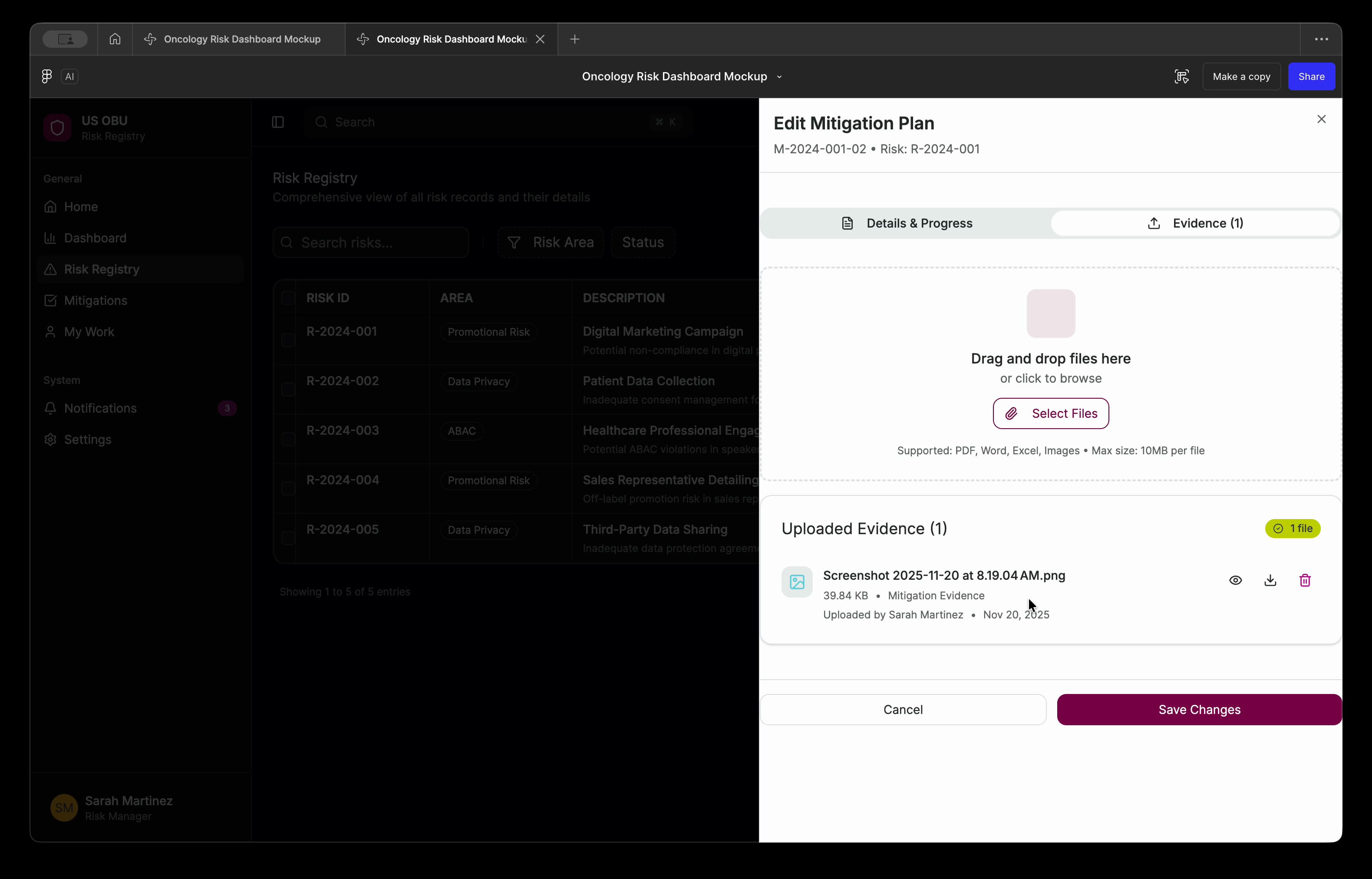 Original mitigation prototype with Evidence selected, one attached file, its metadata, and preview, download and delete controls.