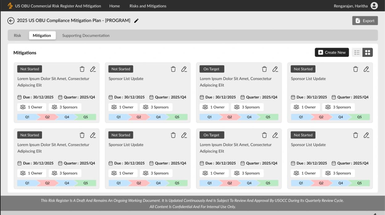 ECS wireframe showing mitigation cards with owners, due dates, and quarter selectors.