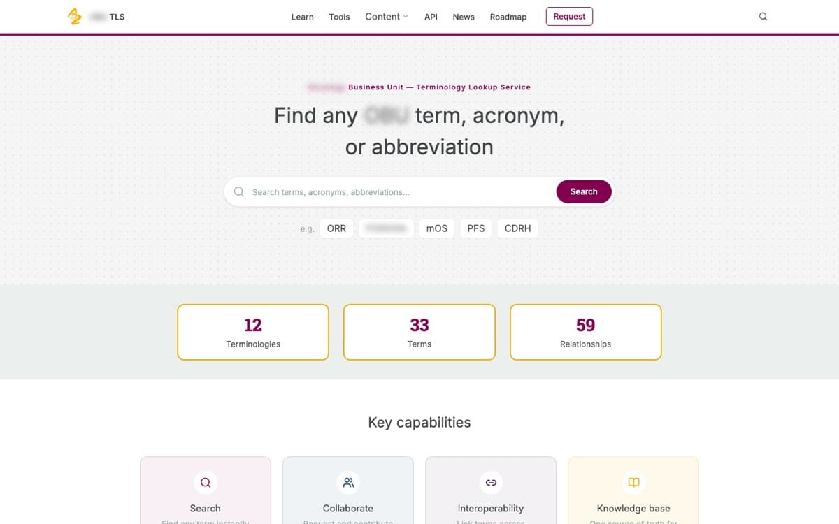 A terminology lookup landing page with a search field, example acronym chips, and counts of twelve terminologies, thirty-three terms, and fifty-nine relationships.