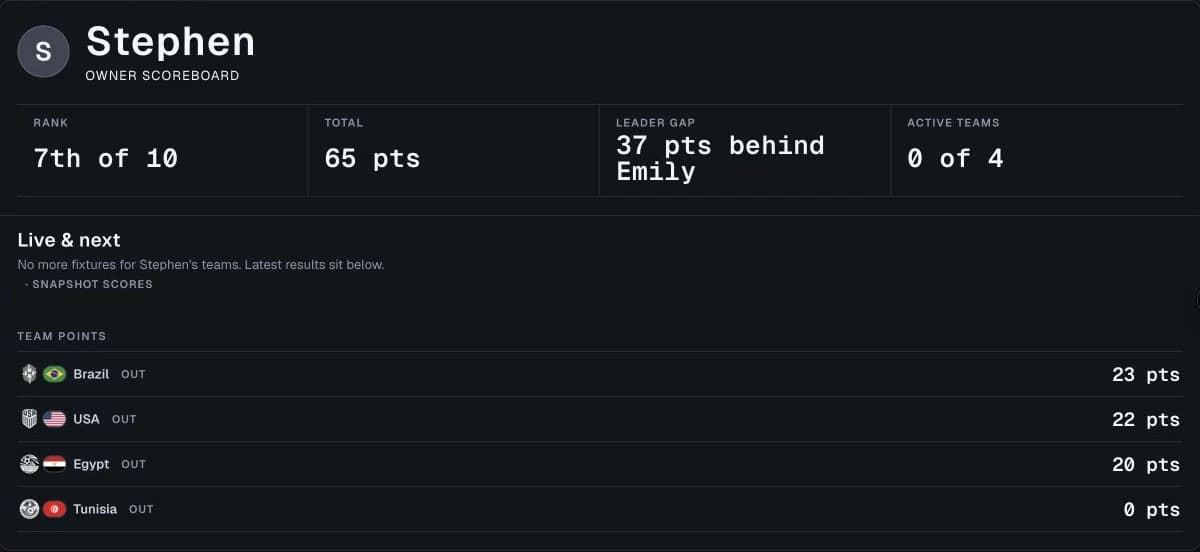 Stephen's owner scoreboard with rank, total points, remaining teams, and points by team