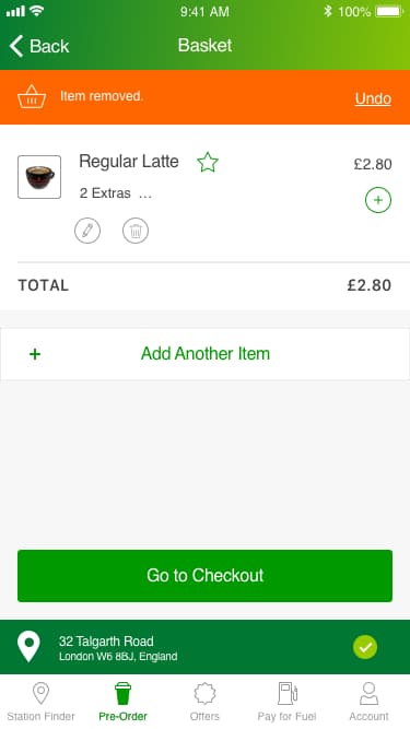 BPme basket with one latte remaining and an orange Item removed message with an Undo action