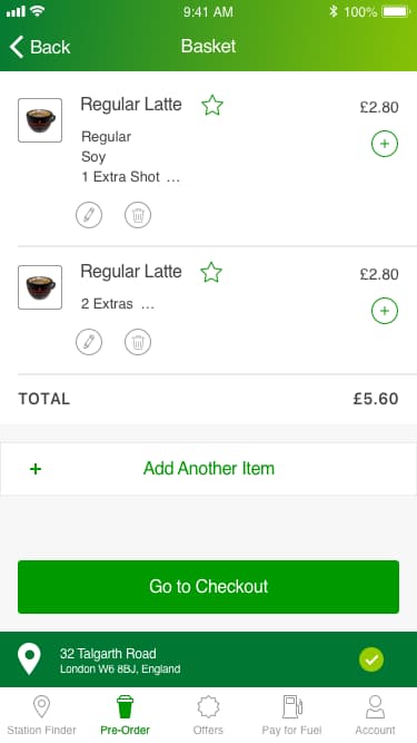 BPme basket with two regular lattes, item controls, a total, an Add Another Item action, and the selected site
