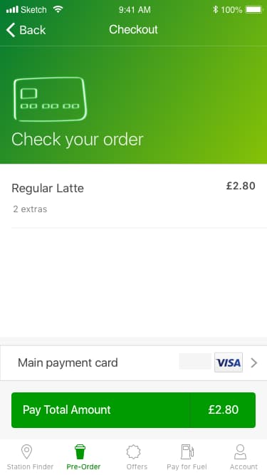 BPme checkout showing the latte, two extras, payment-card choice, and a Pay Total Amount action