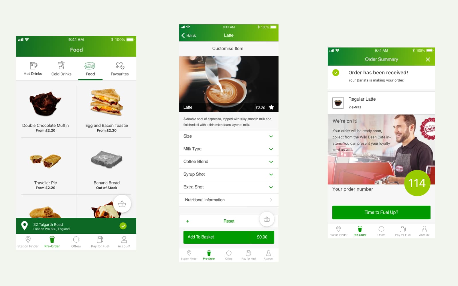 Three original BPme prototype screens showing the menu, latte options, and collection confirmation
