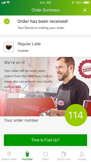 BPme order confirmation with a regular latte, barista preparation message, and collection number 114