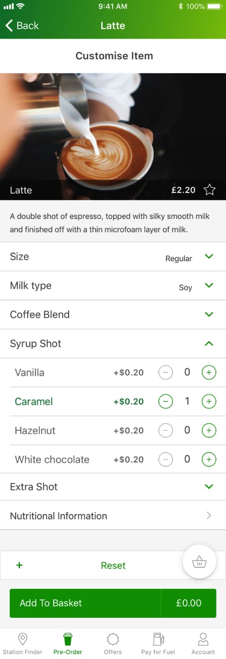 Latte customization design with selected size and milk and expanded syrup options with quantity controls