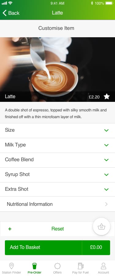 Latte product screen with collapsed size, milk, blend, syrup, extra-shot, and nutrition sections above Add to Basket